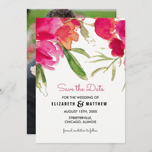 Save The Date. Fuchsia Floral Wedding Foto Card Einladung (Vorne/Hinten)