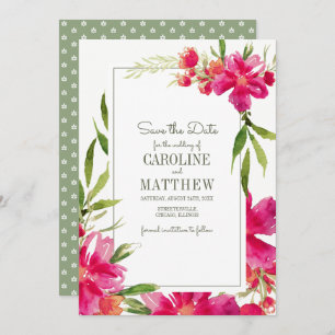 Save The Date. Fuchsia Green Floral Wedding Card Einladung
