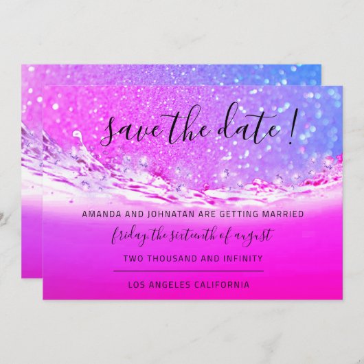 Save the Date Fuchsia Pink Crystals Ocean Ombre (Vorne/Hinten)