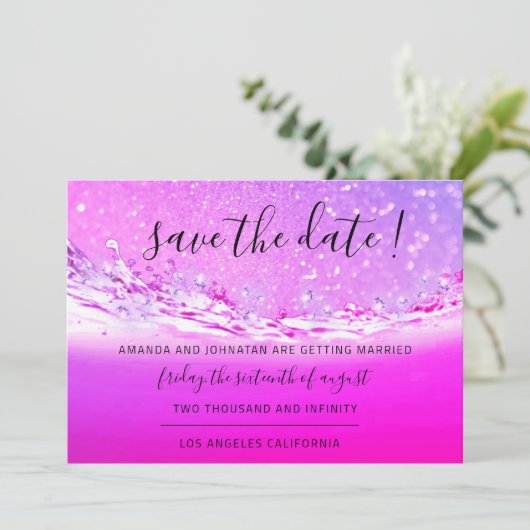 Save the Date Fuchsia Pink Crystals Ocean Waves (Stehend Vorderseite)