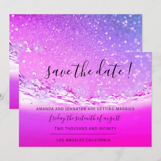 Save the Date Fuchsia Pink Crystals Ocean Waves (Vorne/Hinten)