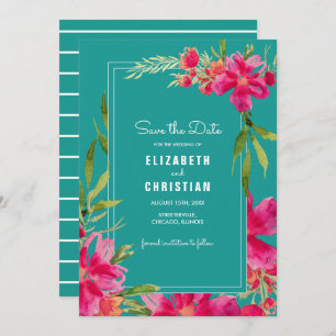 Save The Date. Fuchsia Türkis Floral Einladung