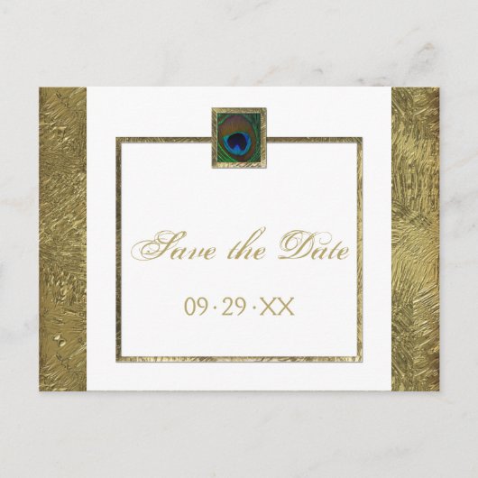 Save the Date für die White and Gold Pfauenfederun Ankündigungspostkarte (Vorderseite)