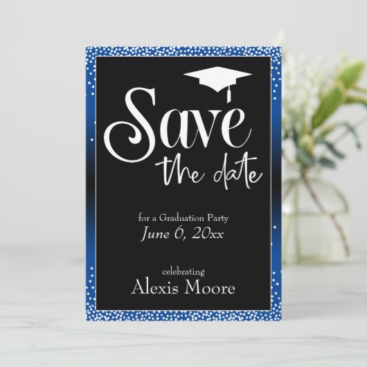 Save the Date für eine Graduierungspartei Blue Omb Einladung (Stehend Vorderseite)