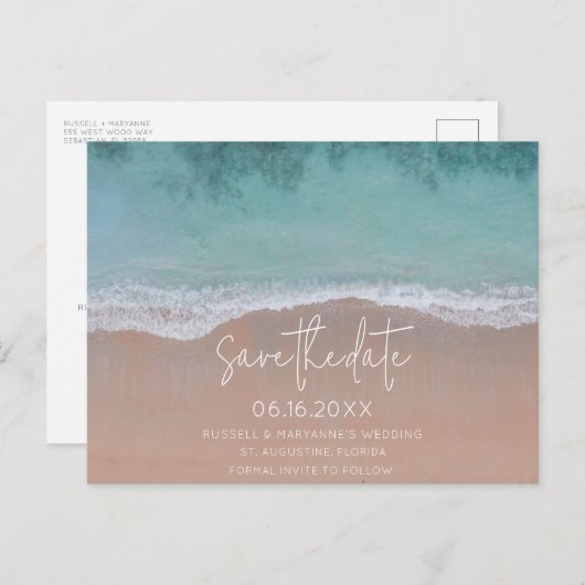 Save the Date für einfache Hochzeiten am Strand Ankündigungspostkarte (Vorne/Hinten)