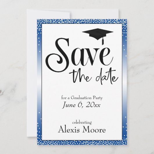 Save the Date für Graduation Party Black on Blue Einladung (Vorderseite)