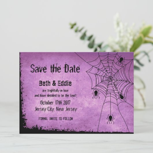 Save the Date für Halloween Hochzeit mit Spiders (Stehend Vorderseite)