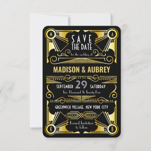 Save the Date Gatsby Wedding Art Deco Gold Black (Vorderseite)
