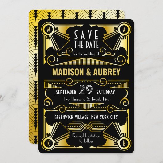Save the Date Gatsby Wedding Art Deco Gold Black Einladung (Vorne/Hinten)