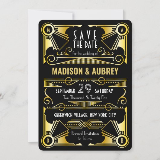Save the Date Gatsby Wedding Art Deco Gold Black Einladung (Vorderseite)