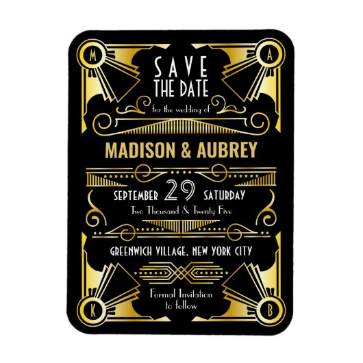 Save the Date Gatsby Wedding Art Deco Gold Black Magnet (Vertikal)