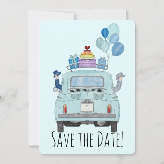 Save the Date Gay Couple in Fiat 500. Einladung (Vorderseite)