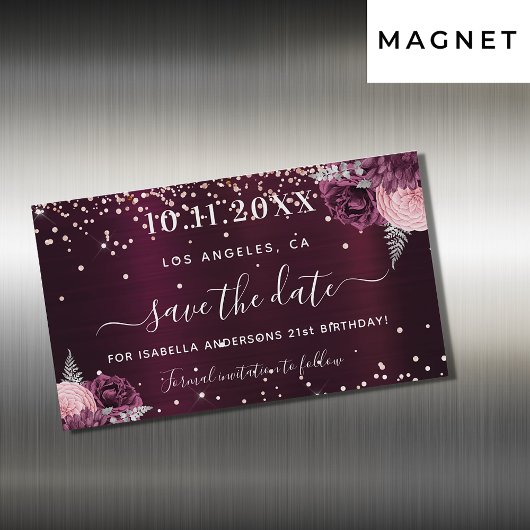Save the Date Geburtstagsburgunder Blumenmagnet Magnetkarte