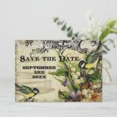 Save the Date, gelber Vogelkäfig, floralwirbel Einladung (Stehend Vorderseite)