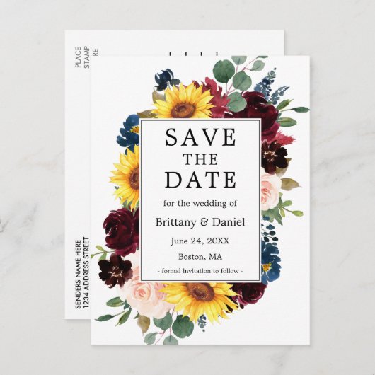 Save the Date gemischte Blumenrahmen für Aquarellf Ankündigungspostkarte (Vorne/Hinten)