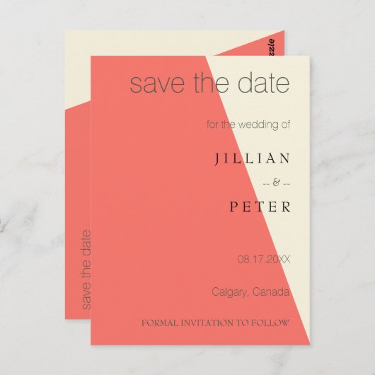 Save the Date geometrische Koralle Postkarte (Vorne/Hinten)