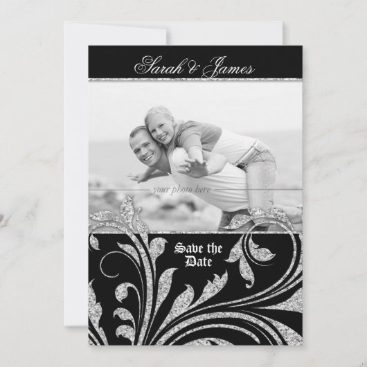 Save the Date Glitzer Blätter laden Silver Elegant (Vorderseite)