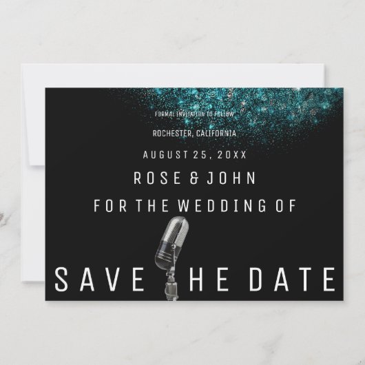 Save the Date Glitzer Blue Ocean Silver Microphon (Rückseite)
