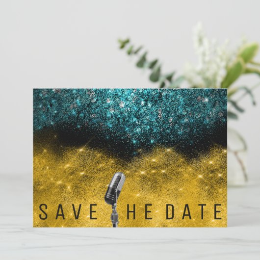 Save the Date Glitzer Gold Aquamarines Mikrofon (Stehend Vorderseite)
