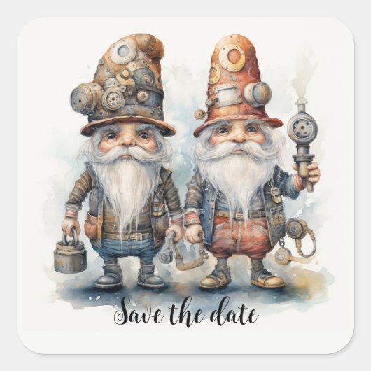 Save the Date Gnomen mit Laterne und Werkzeugen Quadratischer Aufkleber (Vorderseite)