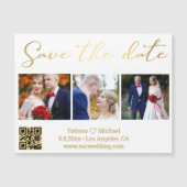 Save the Date Gold 3 Fotos qr Hochzeitsmagnet Magnetkarte (Vorderseite)