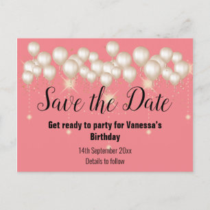 Save the Date Gold Balloons Sparkle PEACH Ankündigungspostkarte