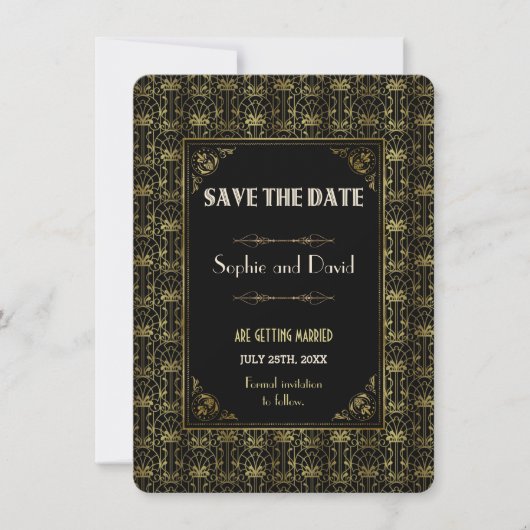 Save The Date | Gold Black Roaring 20s Art Deco Einladung (Vorderseite)