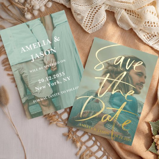 Save the Date Gold Calligraphy Foto Foil Einladung