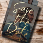 Save the Date Gold Calligraphy Foto Foil Folieneinladung