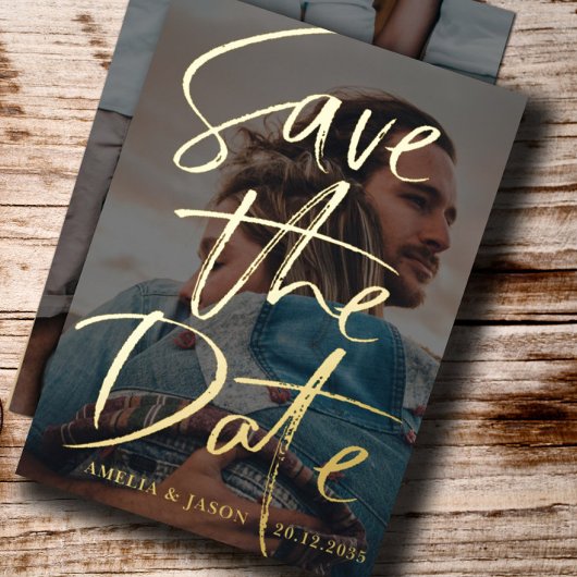 Save the Date Gold Calligraphy Foto Foil Folieneinladung