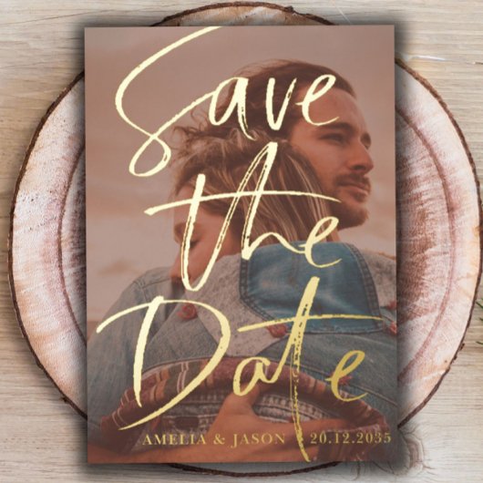 Save the Date Gold Calligraphy Foto Folieneinladung