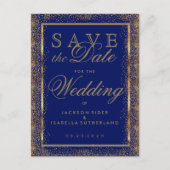 Save the Date Gold Confetti und Dark Blue Ankündigungspostkarte (Vorderseite)