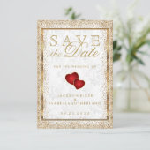 Save the Date Gold Confetti und White Damask (Stehend Vorderseite)