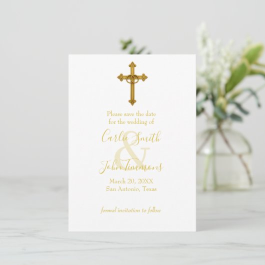 Save the Date Gold Cross Wedding Rings 2 Foto (Stehend Vorderseite)