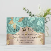 Save the Date Gold Floral Rose Aqua Blue (Stehend Vorderseite)