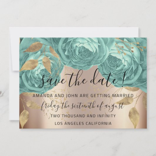 Save the Date Gold Floral Rose Aqua Tiffanyys (Vorderseite)