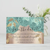 Save the Date Gold Floral Rose Aqua Tiffanyys (Stehend Vorderseite)