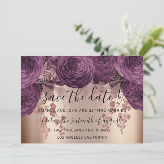 Save the Date Gold Floral Rose Herbst Lila (Stehend Vorderseite)