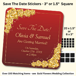 Save The Date - Gold Flowers Maroon Red  Quadratischer Aufkleber
