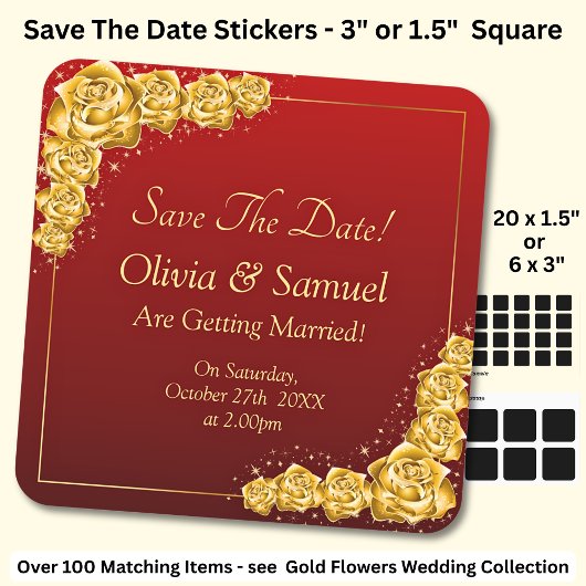 Save The Date - Gold Flowers Maroon Red  Quadratischer Aufkleber