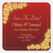 Save The Date - Gold Flowers Maroon Red  Quadratischer Aufkleber (Vorderseite)