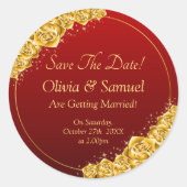 Save The Date - Gold Flowers Maroon Red  Runder Aufkleber (Vorderseite)