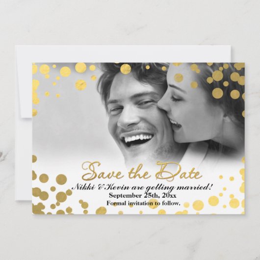 SAVE THE DATE Gold Foil Confetti Dots Fotokarte Einladung (Vorderseite)