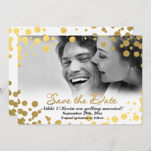 SAVE THE DATE Gold Foil Confetti Dots Fotokarte Einladung (Vorne/Hinten)
