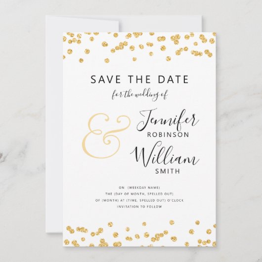 SAVE THE DATE Gold Glitzer Confetti Script Wedding Einladung (Vorderseite)