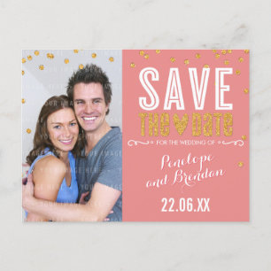 Save the Date Gold Glitzer Konfetti trendy Koralle Ankündigungspostkarte