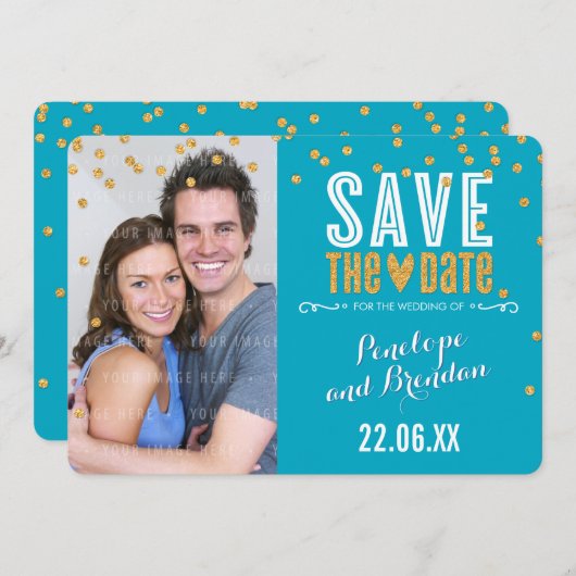 SAVE THE DATE Gold Glitzer Konfetti türkis blau (Vorne/Hinten)