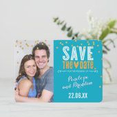 SAVE THE DATE Gold Glitzer Konfetti türkis blau (Stehend Vorderseite)