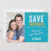 SAVE THE DATE Gold Glitzer Konfetti türkis blau (Vorderseite)