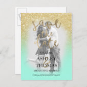Save the Date Gold Glitzer Minze Script Foto Ankündigungspostkarte (Vorne/Hinten)
